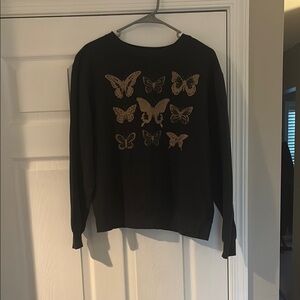 Mighty Fine Black Crew Neck Sweater with Butterfly Design
